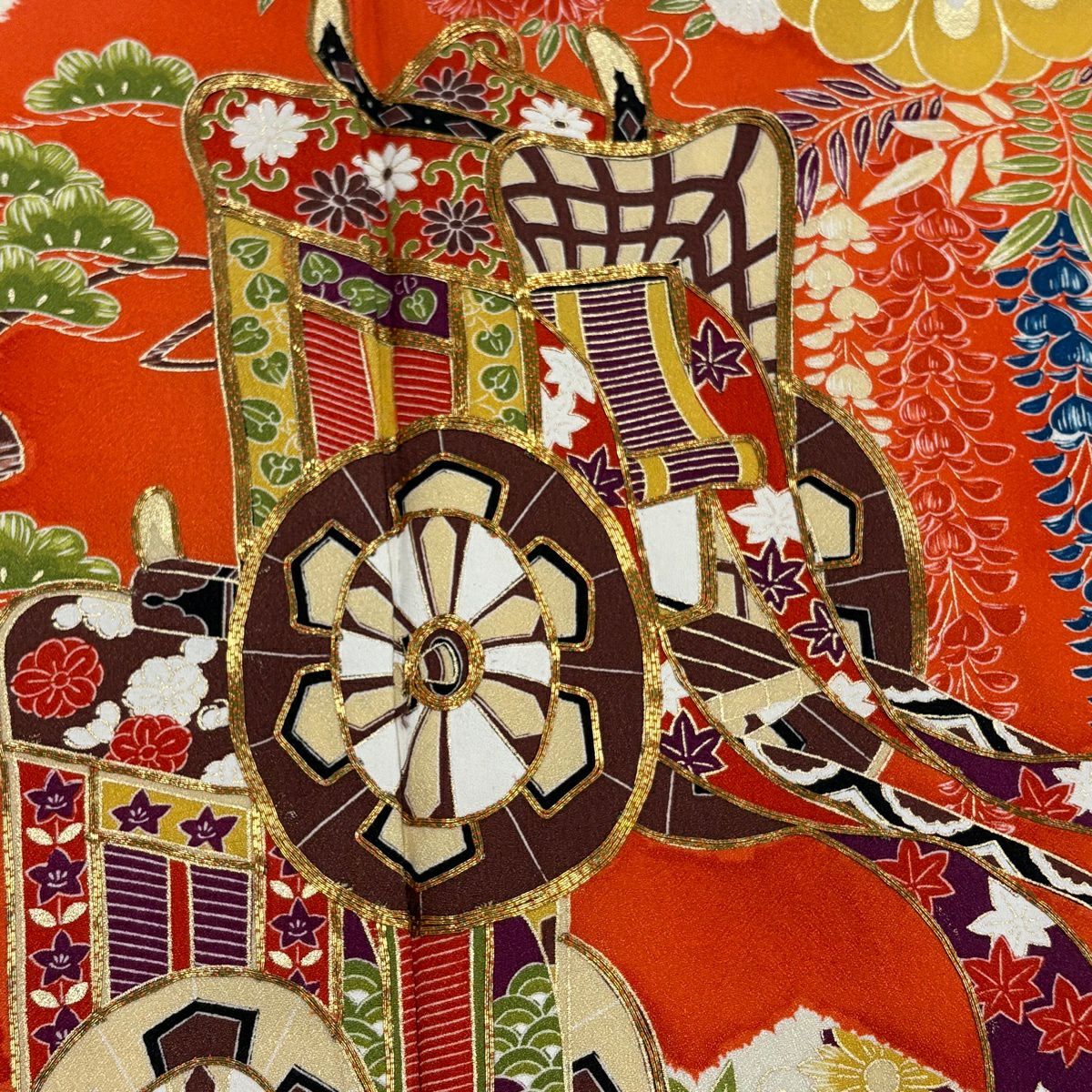 【美品】振袖禮服 身長165.5cm 袖長65cm M 雙層 御所車 草花紋 金絲 金銀彩 橙色 純蠶絲 秀品級