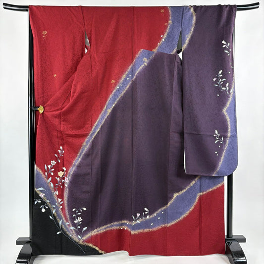 振袖禮服 身長166.5cm 袖長67.5cm L 雙層 大和 草花紋紋 拉麵彩 金銀彩 紅 純蠶絲 優品級