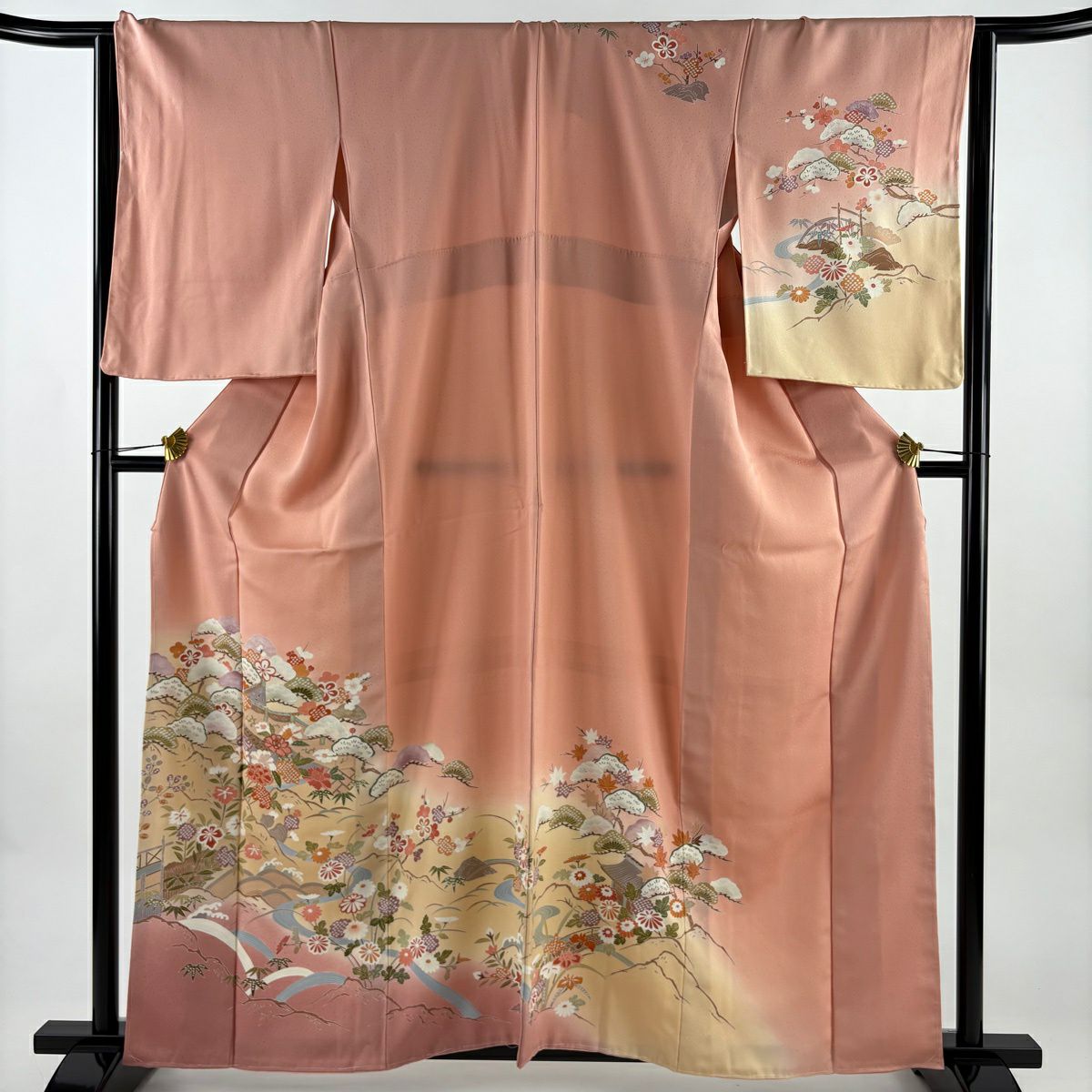 訪問服 身長160.5cm 袖長64.5cm M 雙層 松樹竹子梅花 幔幕 金銀彩 漸層 鮭粉色 純蠶絲 優品級