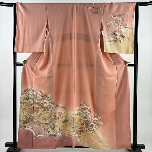 訪問服 身長160.5cm 袖長64.5cm M 雙層 松樹竹子梅花 幔幕 金銀彩 漸層 鮭粉色 純蠶絲 優品級