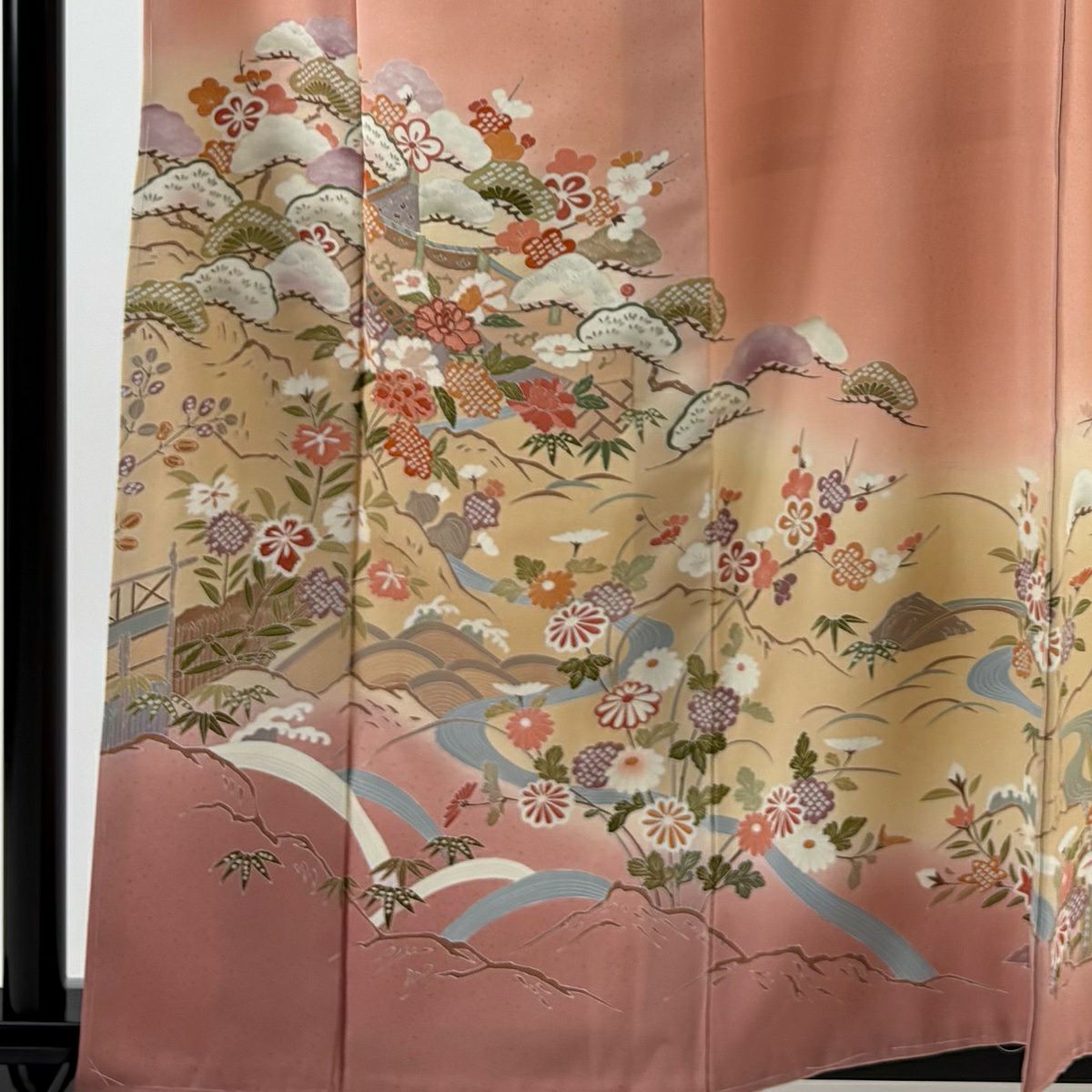 訪問服 身長160.5cm 袖長64.5cm M 雙層 松樹竹子梅花 幔幕 金銀彩 漸層 鮭粉色 純蠶絲 優品級