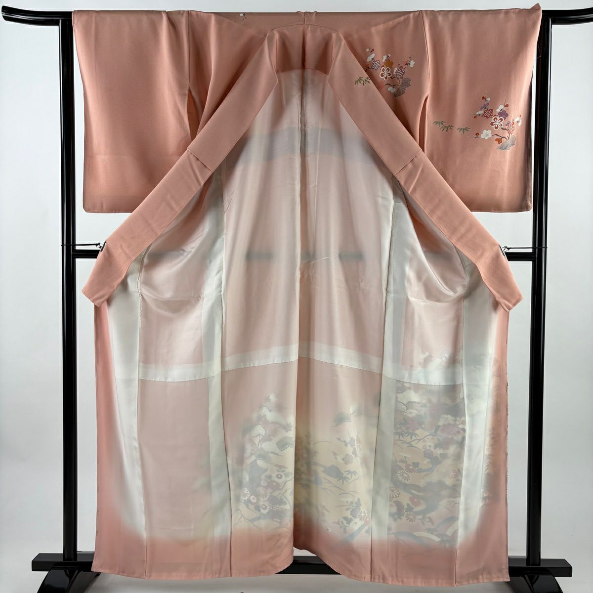 訪問服 身長160.5cm 袖長64.5cm M 雙層 松樹竹子梅花 幔幕 金銀彩 漸層 鮭粉色 純蠶絲 優品級