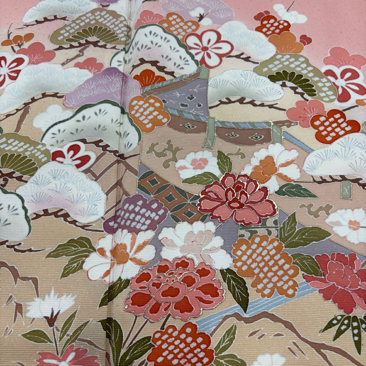 訪問服 身長160.5cm 袖長64.5cm M 雙層 松樹竹子梅花 幔幕 金銀彩 漸層 鮭粉色 純蠶絲 優品級