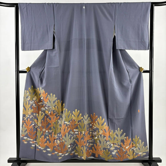 色留袖禮服 身長157.5cm 袖長63.5cm S 雙層 落款有 松樹竹子梅花 寶盡くし 金絲 金銀彩 灰紫 純蠶絲 秀品級 一つ紋