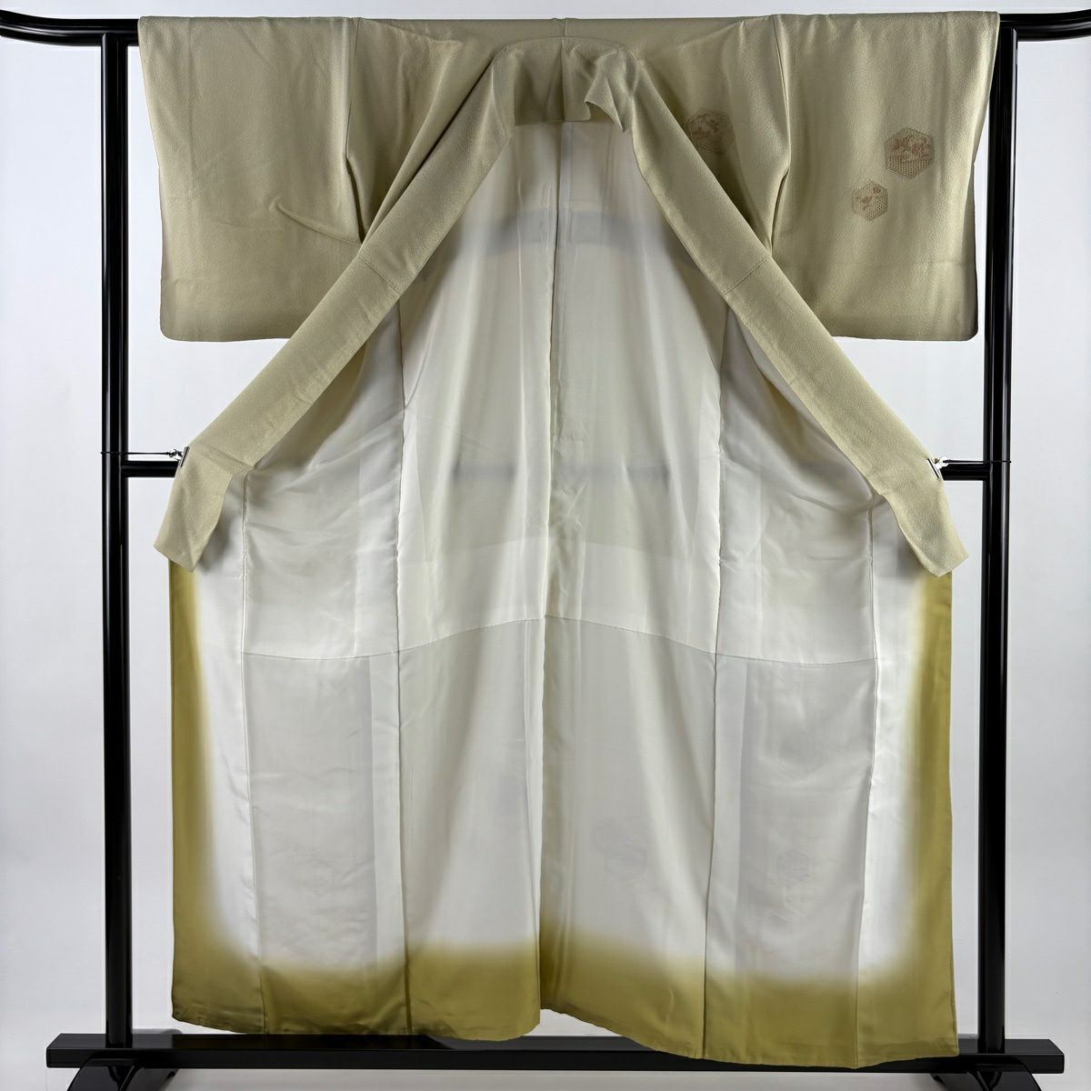 付下 身長158cm 袖長62.5cm S 雙層 龜甲 草花紋紋 刺繡 米色 純蠶絲 優品級