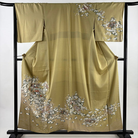 訪問服 身長157.5cm 袖長64.5cm M 雙層 扇子面 秋草 金銀彩 漸層 抹茶 純蠶絲 秀品級