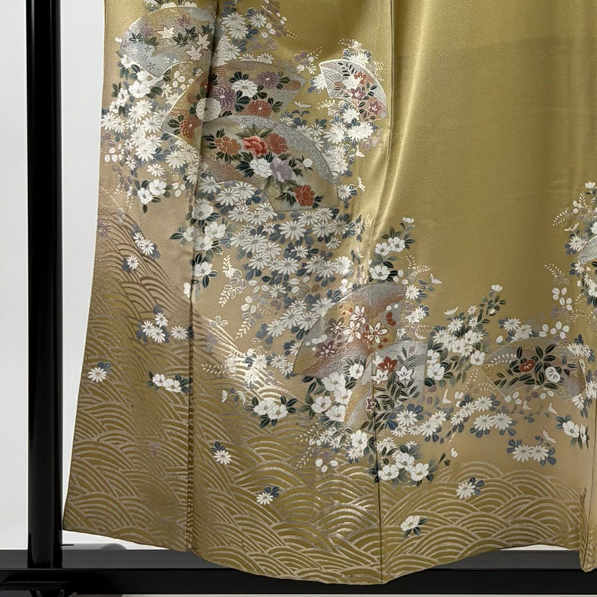 訪問服 身長157.5cm 袖長64.5cm M 雙層 扇子面 秋草 金銀彩 漸層 抹茶 純蠶絲 秀品級