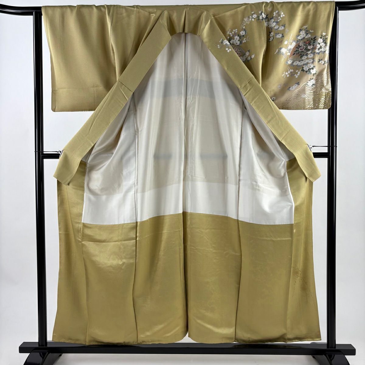 訪問服 身長157.5cm 袖長64.5cm M 雙層 扇子面 秋草 金銀彩 漸層 抹茶 純蠶絲 秀品級