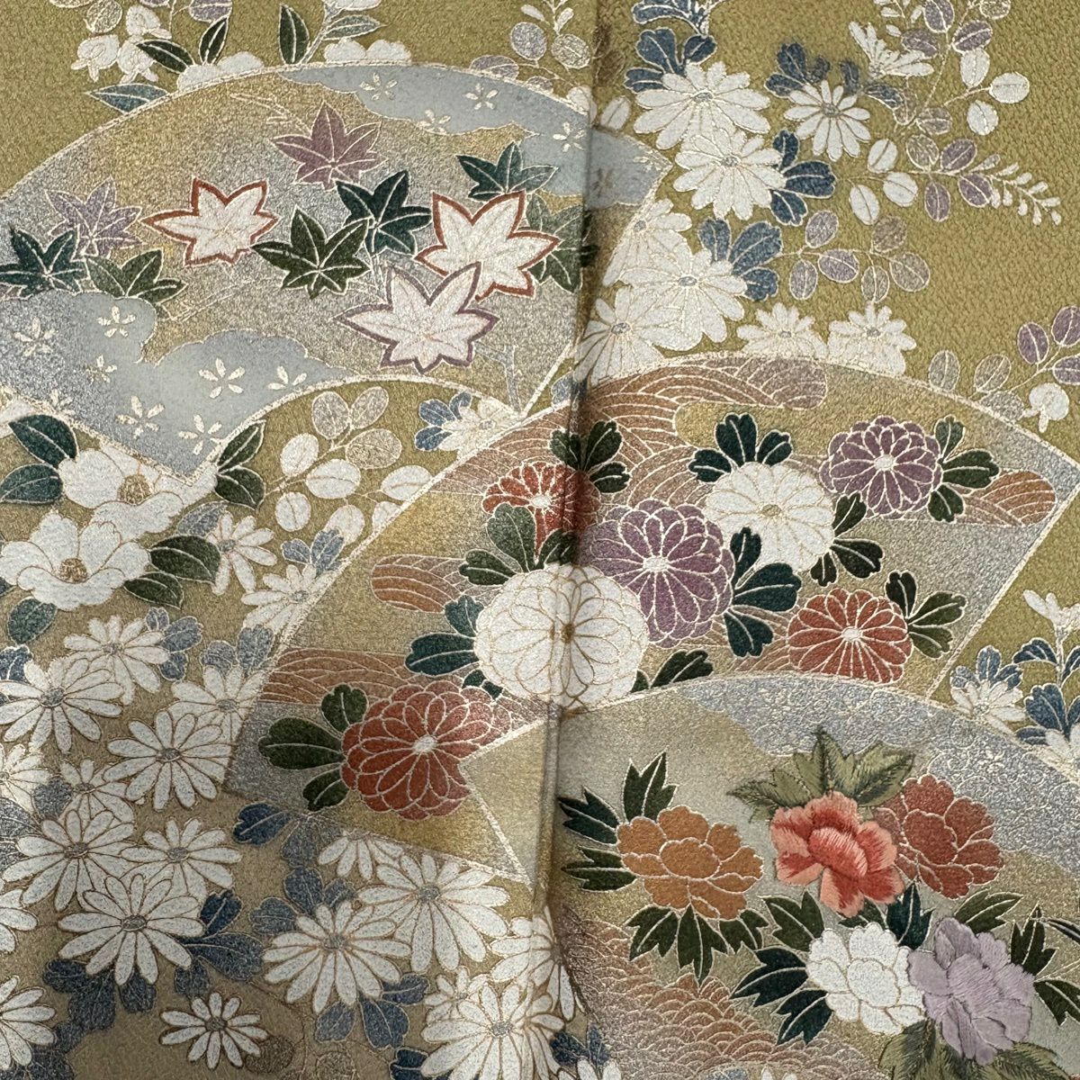 訪問服 身長157.5cm 袖長64.5cm M 雙層 扇子面 秋草 金銀彩 漸層 抹茶 純蠶絲 秀品級