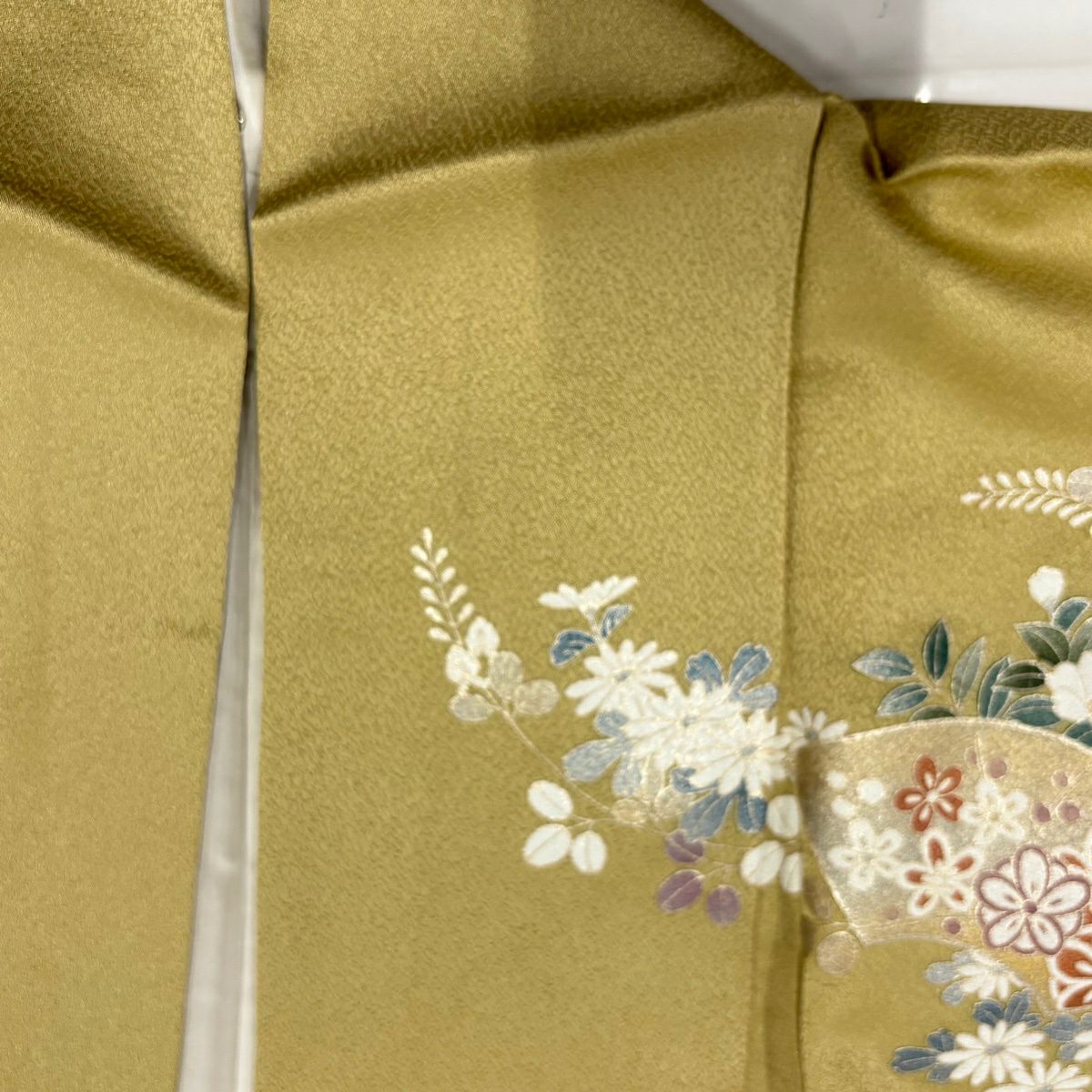 訪問服 身長157.5cm 袖長64.5cm M 雙層 扇子面 秋草 金銀彩 漸層 抹茶 純蠶絲 秀品級