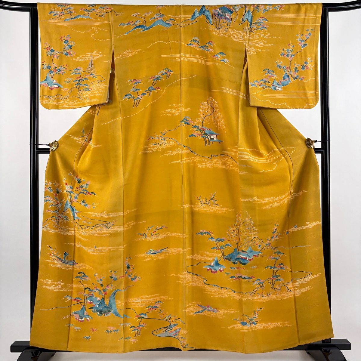 訪問服 身長160cm 袖長64cm M 雙層 大彦 落款あり 建物 船 金銀彩 刺繡 山吹茶 純蠶絲 逸品級