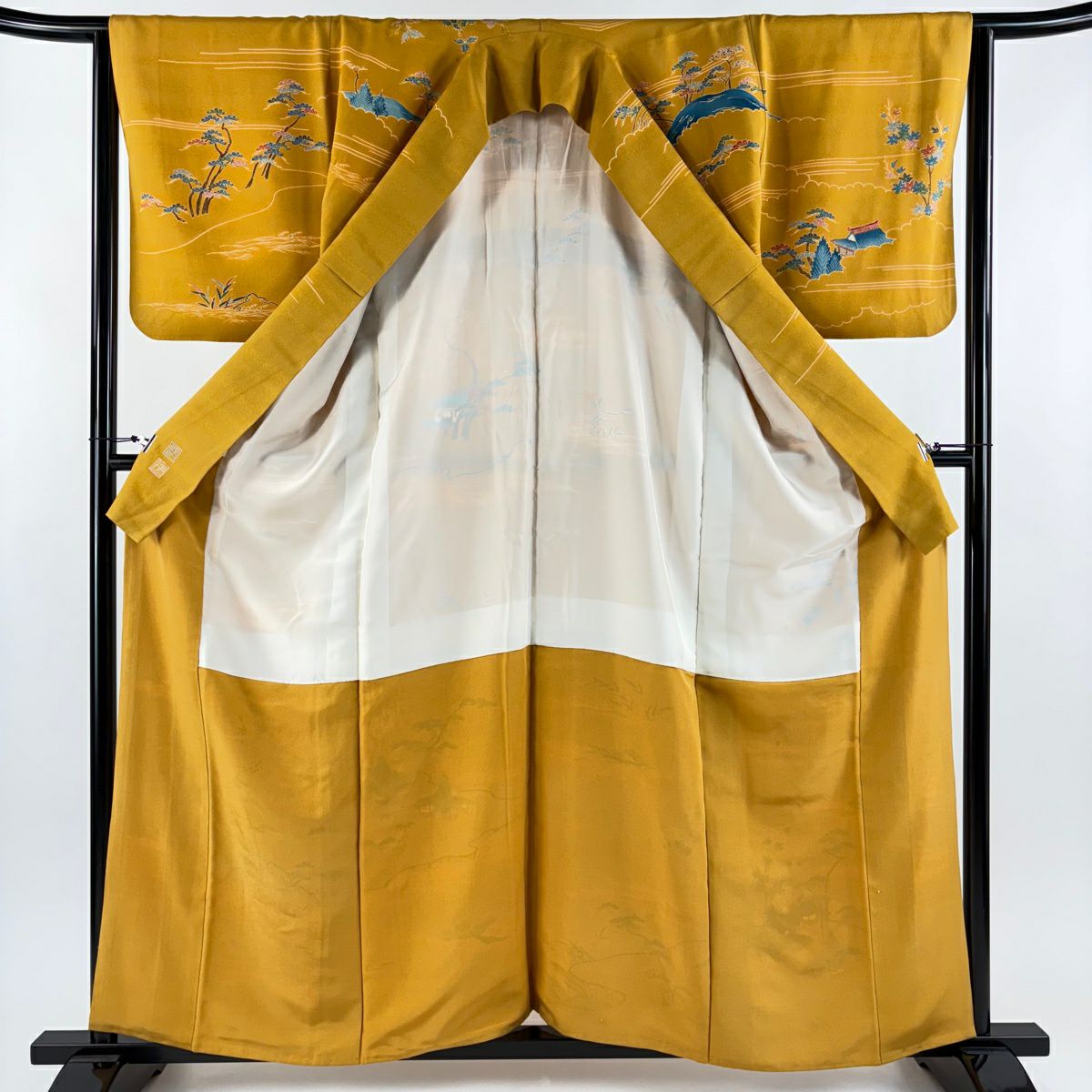 訪問服 身長160cm 袖長64cm M 雙層 大彦 落款あり 建物 船 金銀彩 刺繡 山吹茶 純蠶絲 逸品級