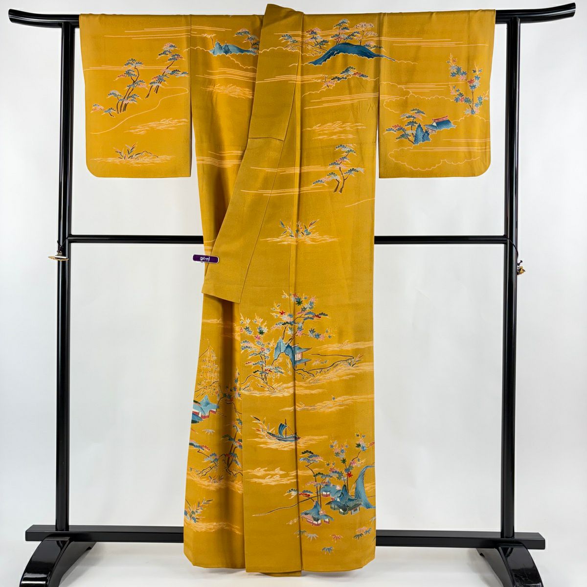 訪問服 身長160cm 袖長64cm M 雙層 大彦 落款あり 建物 船 金銀彩 刺繡 山吹茶 純蠶絲 逸品級