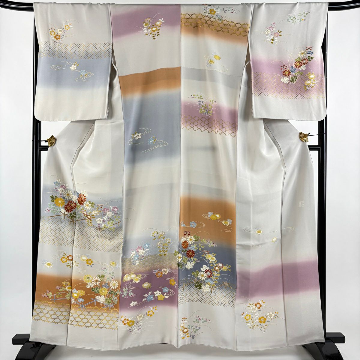 訪問服 身長163cm 袖長68.5cm L 雙層 千總 落款 菊花 籠目 金絲 金銀彩 灰 純蠶絲 逸品級