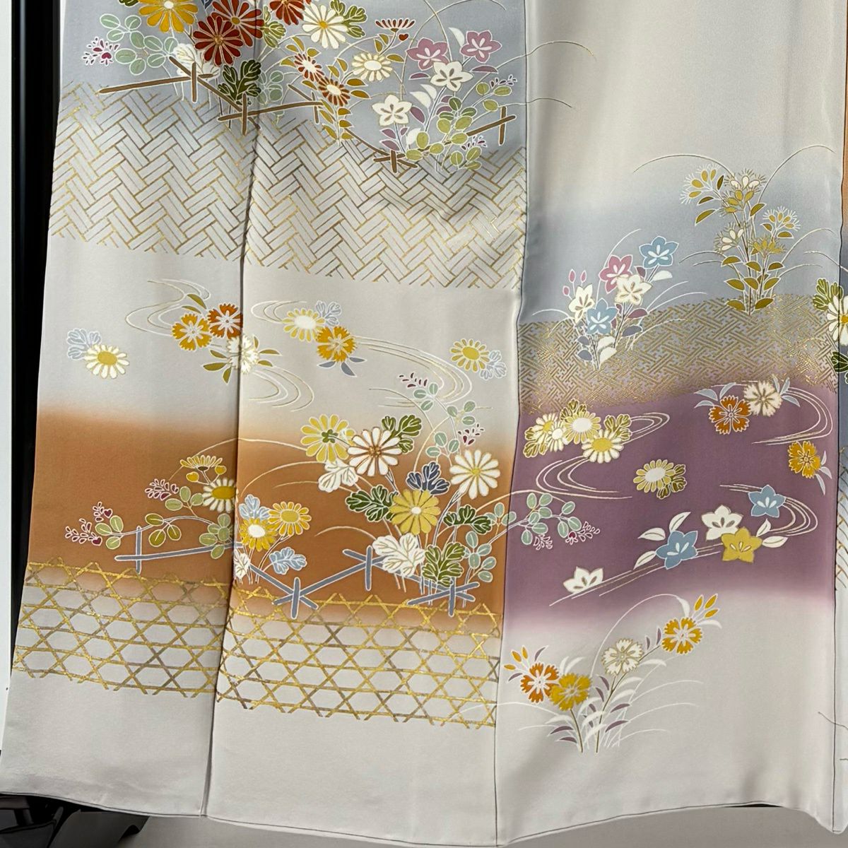 訪問服 身長163cm 袖長68.5cm L 雙層 千總 落款 菊花 籠目 金絲 金銀彩 灰 純蠶絲 逸品級