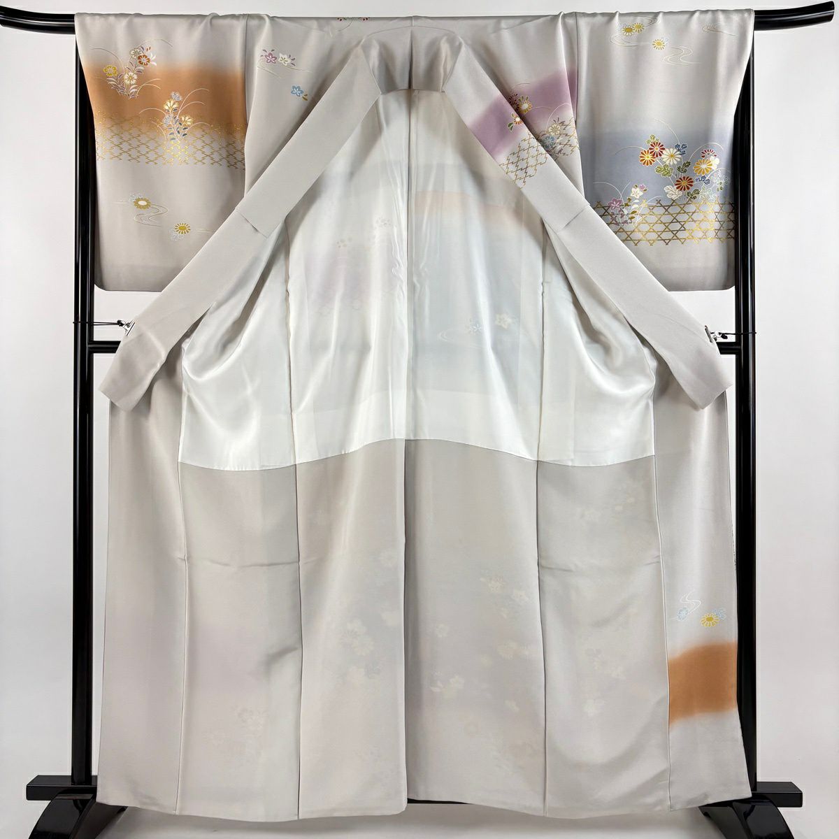 訪問服 身長163cm 袖長68.5cm L 雙層 千總 落款 菊花 籠目 金絲 金銀彩 灰 純蠶絲 逸品級