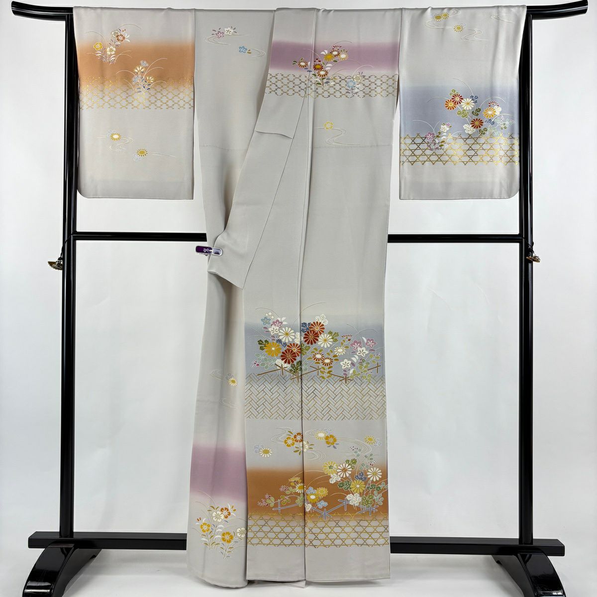 訪問服 身長163cm 袖長68.5cm L 雙層 千總 落款 菊花 籠目 金絲 金銀彩 灰 純蠶絲 逸品級