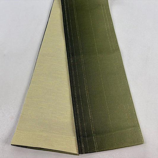【美品】半幅帶 優品級 縞 金金箔 鶯 綠 化纖