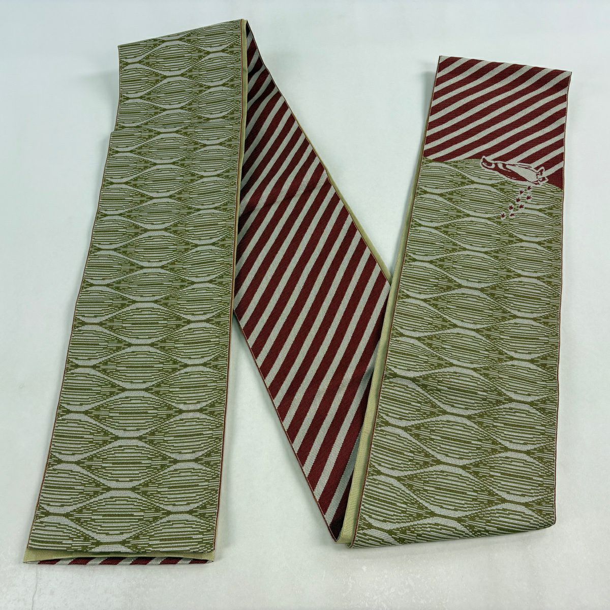 【美品】半幅帶 優品級 企鵝 斜紋 山吹茶 化纖