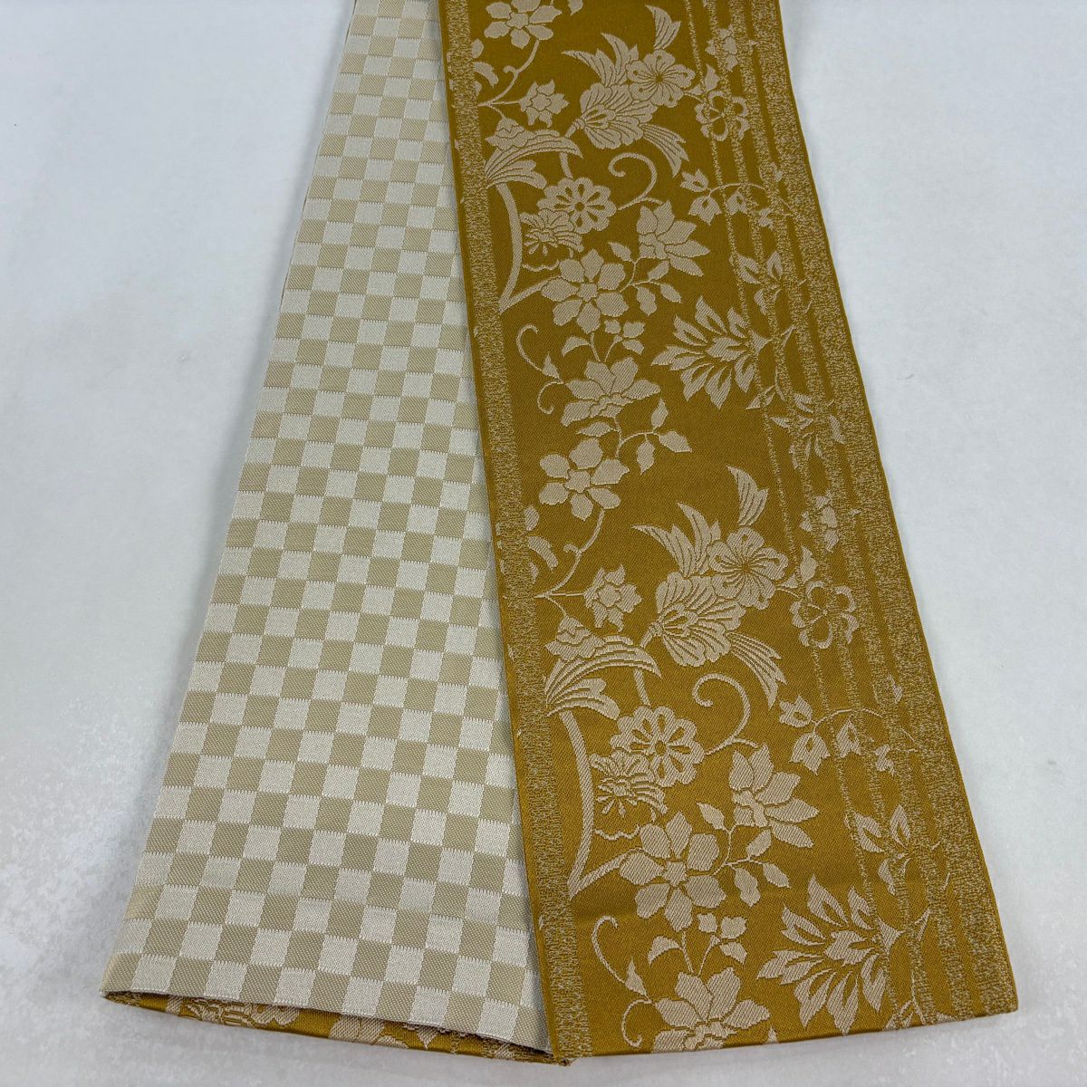 【美品】半幅帶 優品級 花唐草紋 縞 山吹 化纖