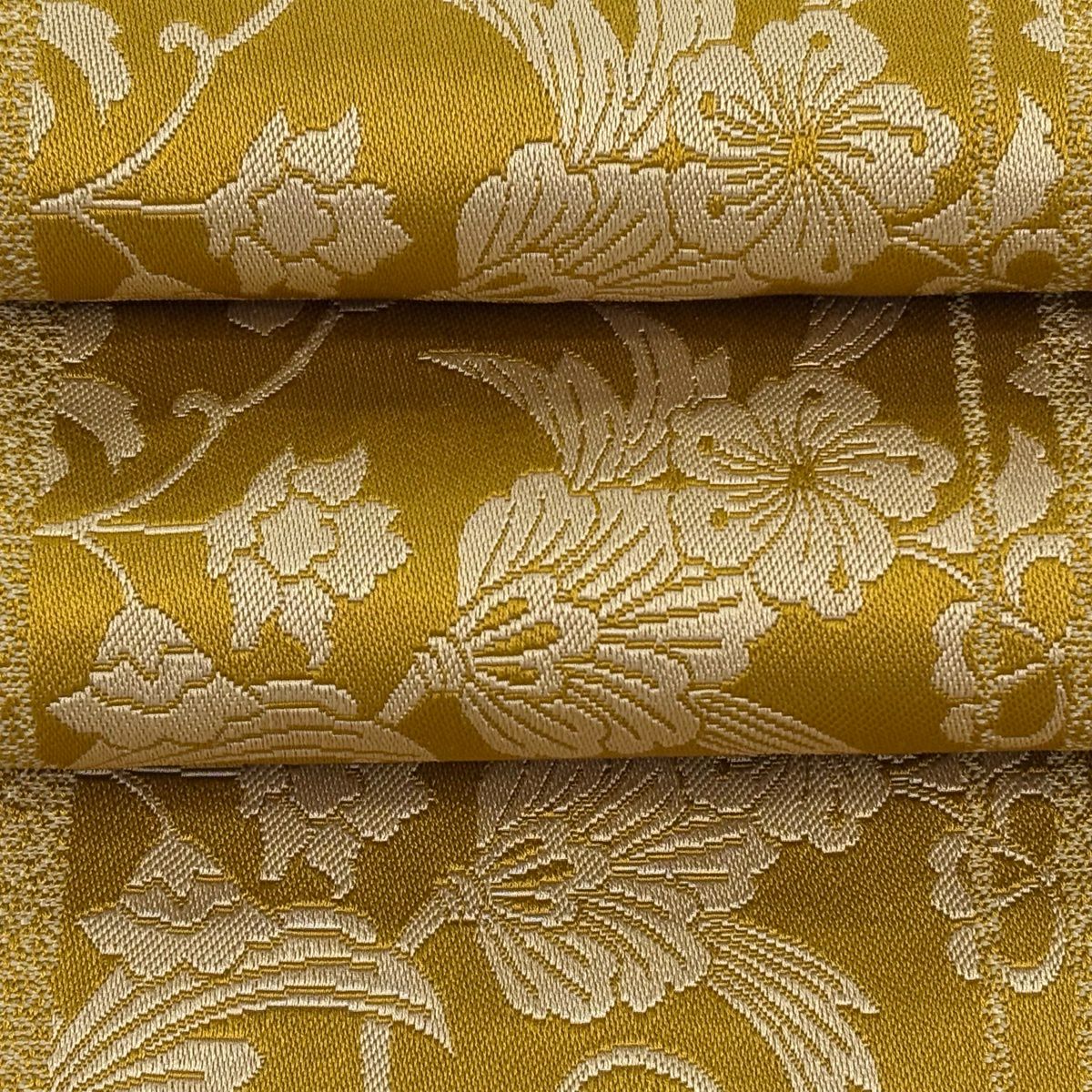 【美品】半幅帶 優品級 花唐草紋 縞 山吹 化纖