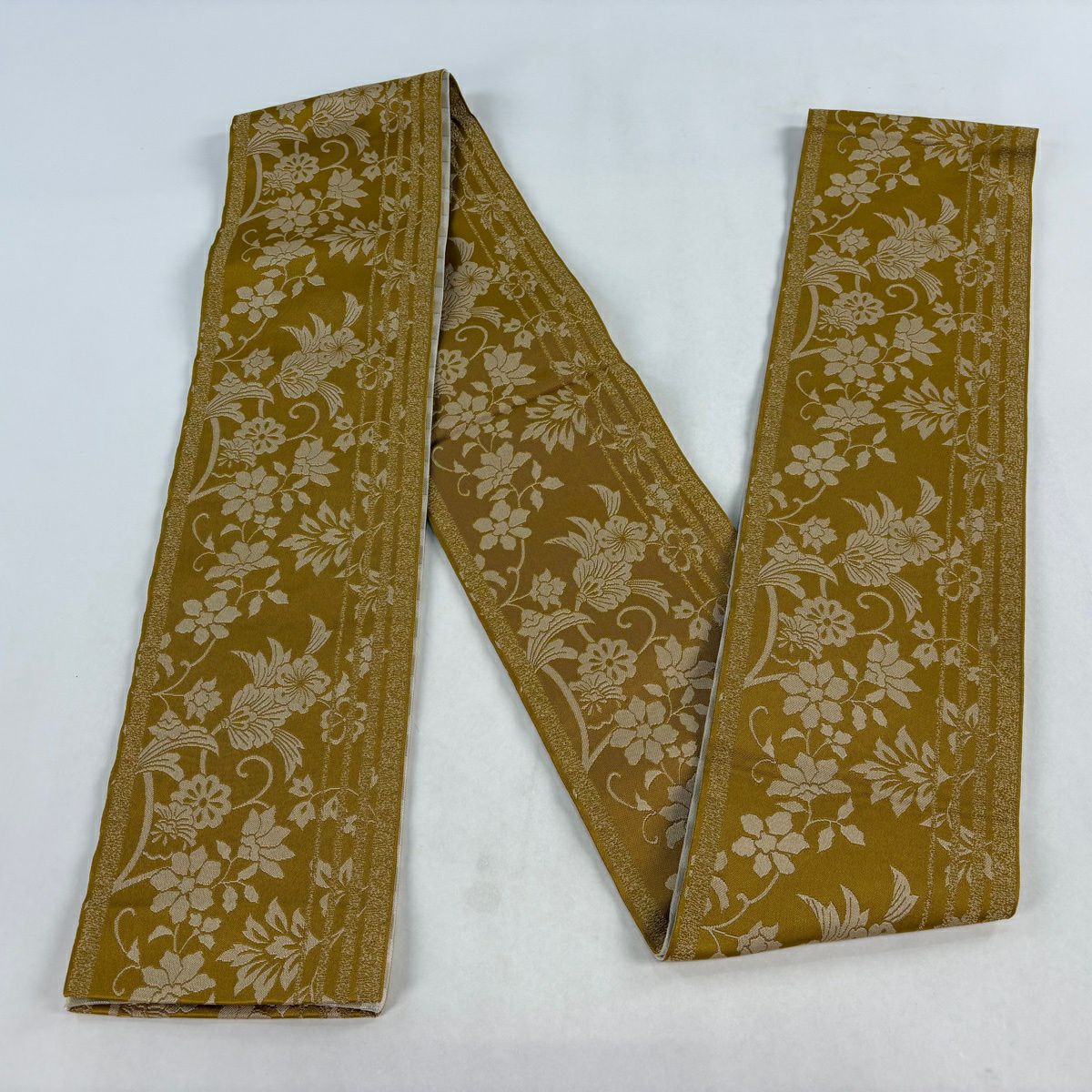 【美品】半幅帶 優品級 花唐草紋 縞 山吹 化纖
