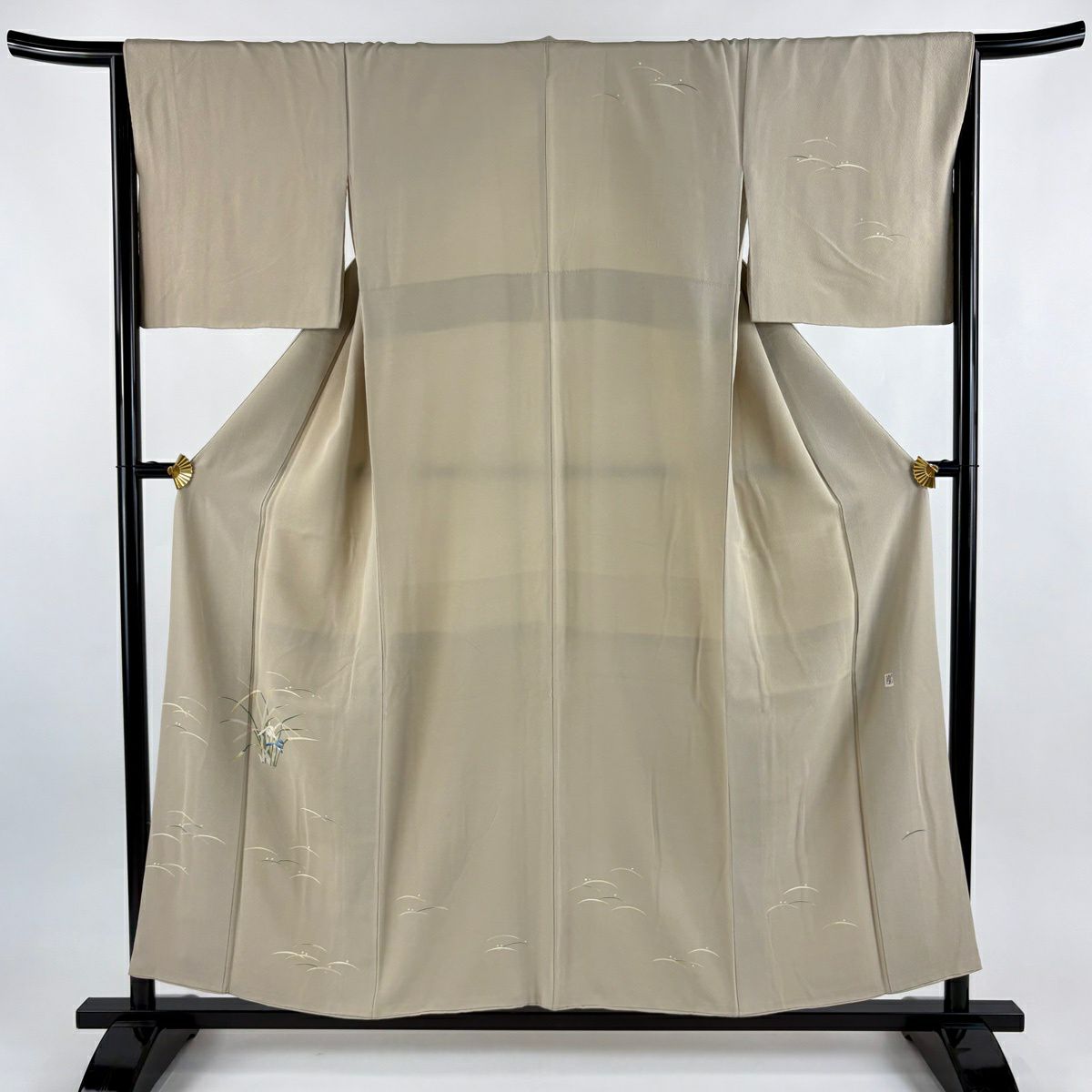 付下 身長154cm 袖長65.5cm M 雙層 柿本市郎 落款あり 露芝 草花紋紋 米色 純蠶絲 逸品級