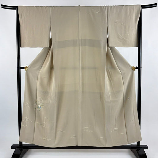 付下 身長154cm 袖長65.5cm M 雙層 柿本市郎 落款あり 露芝 草花紋紋 米色 純蠶絲 逸品級