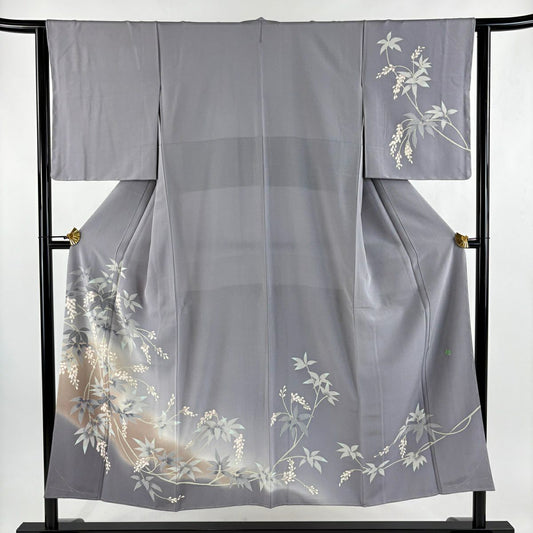 訪問服 身長150cm 袖長63cm S 雙層 小田美知代 加賀友禪 落款あり 草花紋紋 漸變 灰紫 純蠶絲 逸品級