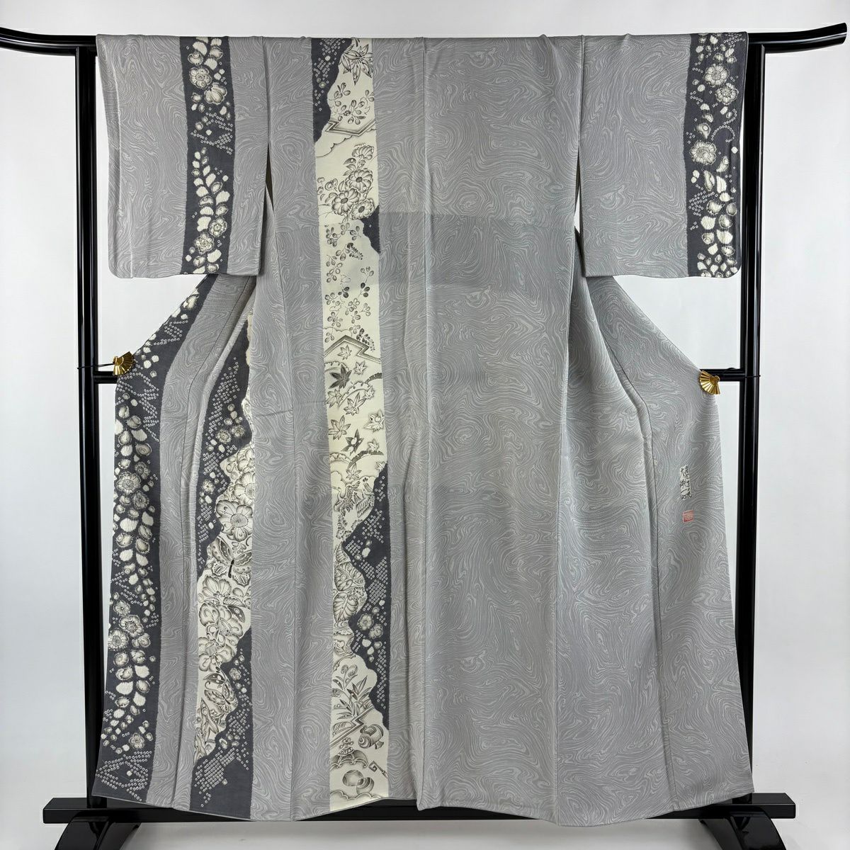 付下 身長154.5cm 袖長64cm M 雙層 大脇一心 落款あり 蝶 辻花染 灰 純蠶絲 逸品級