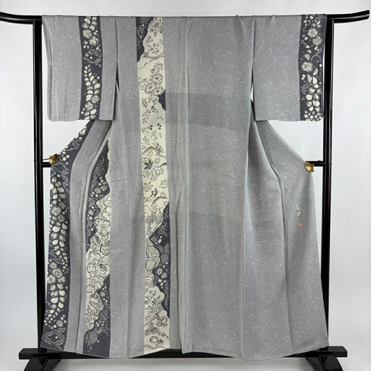 付下 身長154.5cm 袖長64cm M 雙層 大脇一心 落款あり 蝶 辻花染 灰 純蠶絲 逸品級
