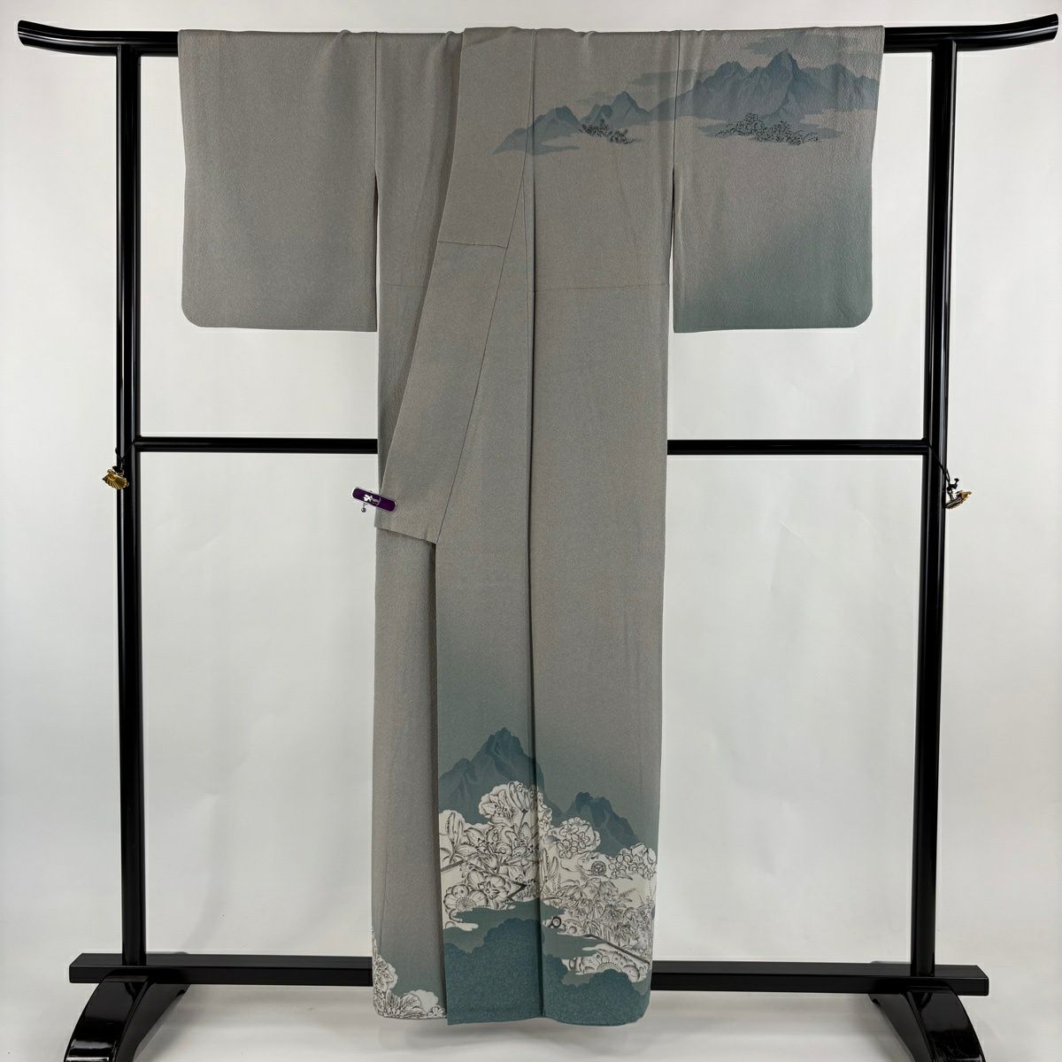 訪問服 身長156cm 袖長64cm M 雙層 大脇一心 落款 山並 草花紋紋 漸層 灰色 純蠶絲 逸品級