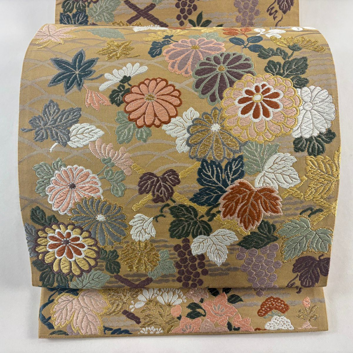 【美品】 袋帶 名品級 秋草 葡萄 金絲 金金箔 黃土 深色 六通 純蠶絲