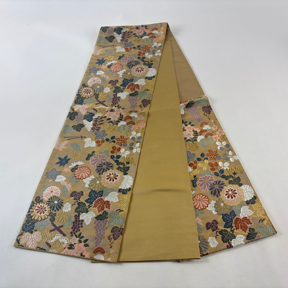 【美品】 袋帶 名品級 秋草 葡萄 金絲 金金箔 黃土 深色 六通 純蠶絲