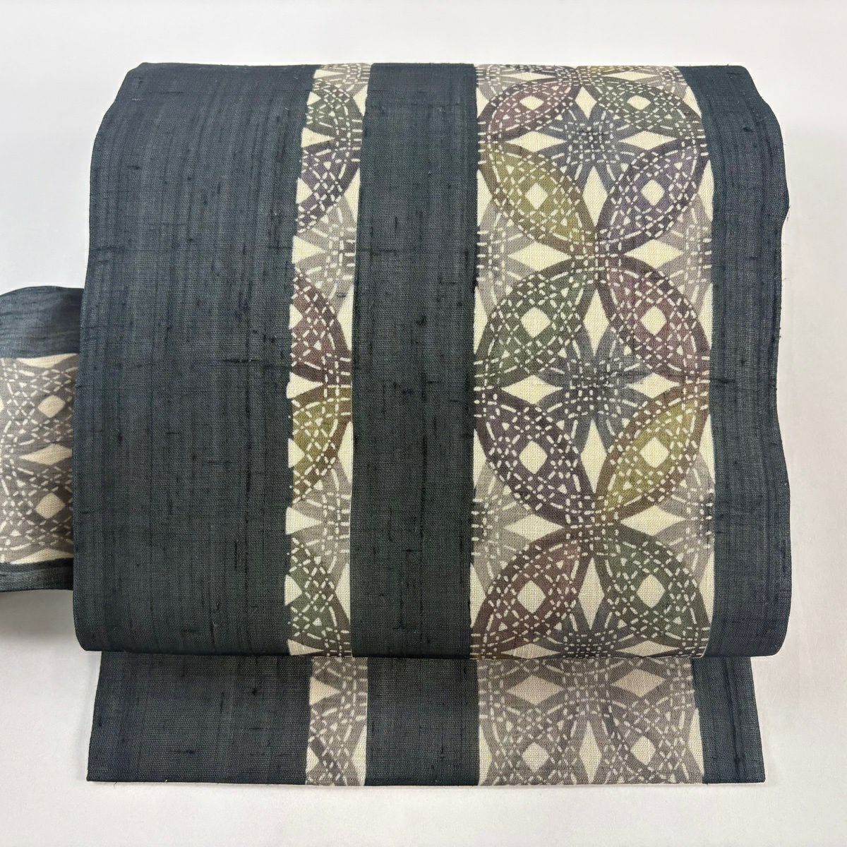 【美品】名古屋帶 名品級 夏帶 紬織織 幾何圖案 深藍 純蠶絲