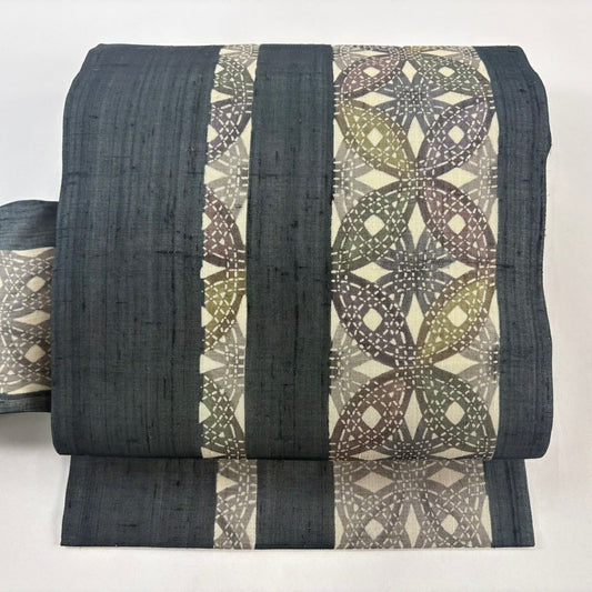 【美品】名古屋帶 名品級 夏帶 紬織織 幾何圖案 深藍 純蠶絲