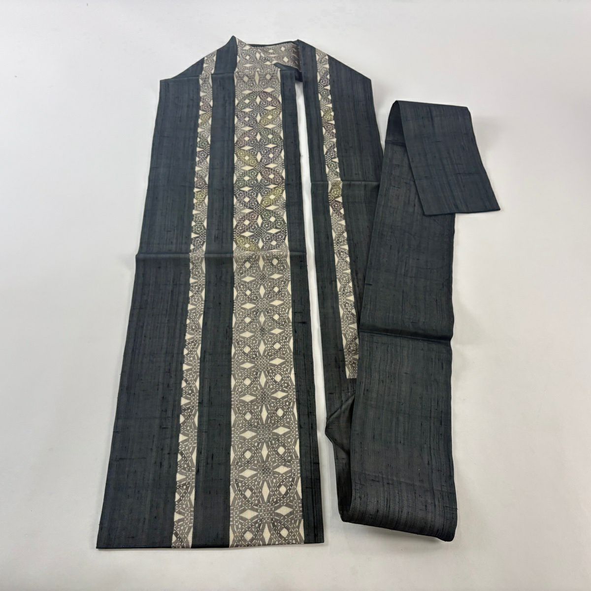 【美品】名古屋帶 名品級 夏帶 紬織織 幾何圖案 深藍 純蠶絲