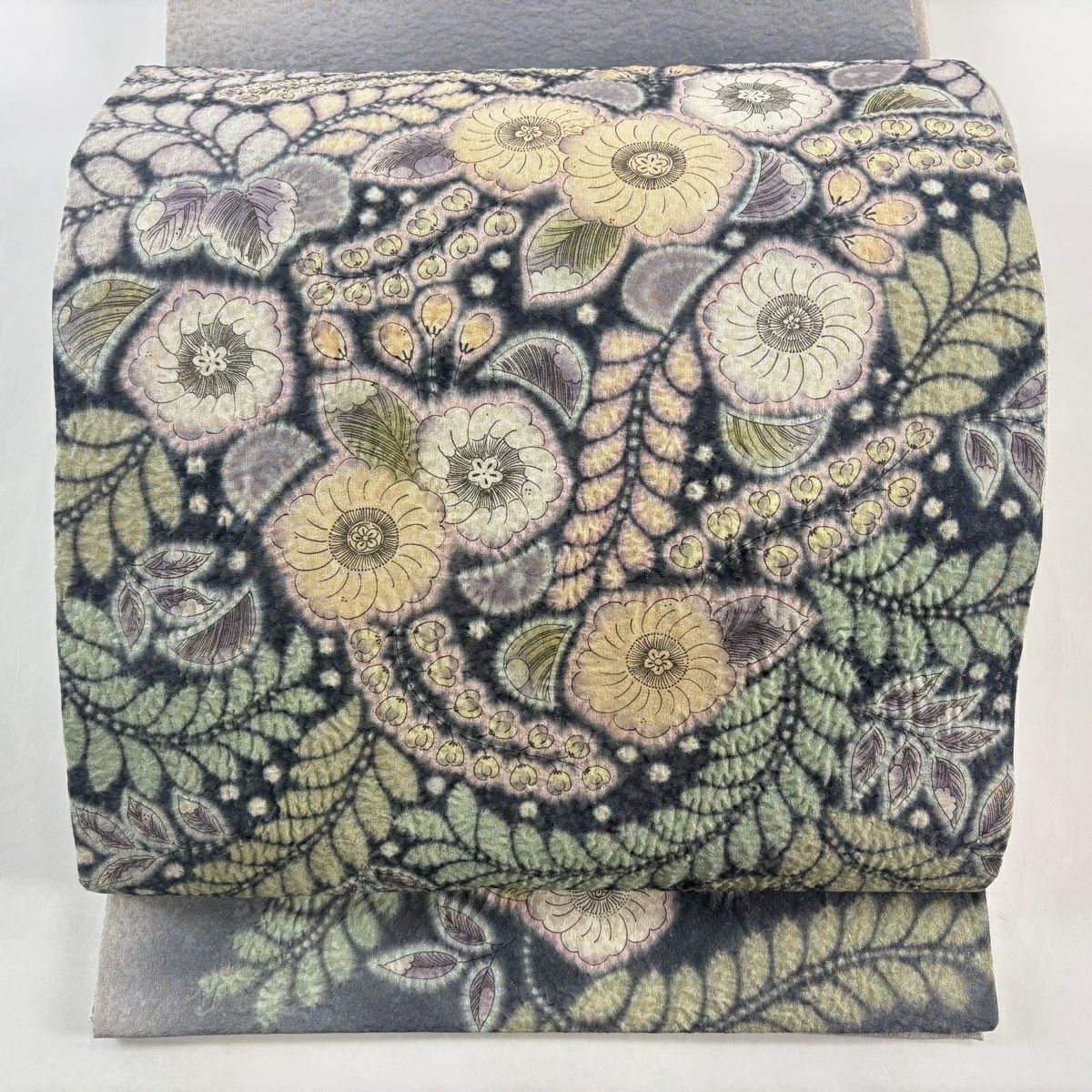 【美品】 袋帶 名品級 附有落款 櫻花 藤 金絲 絞染 灰色 大鼓圖案 純蠶絲