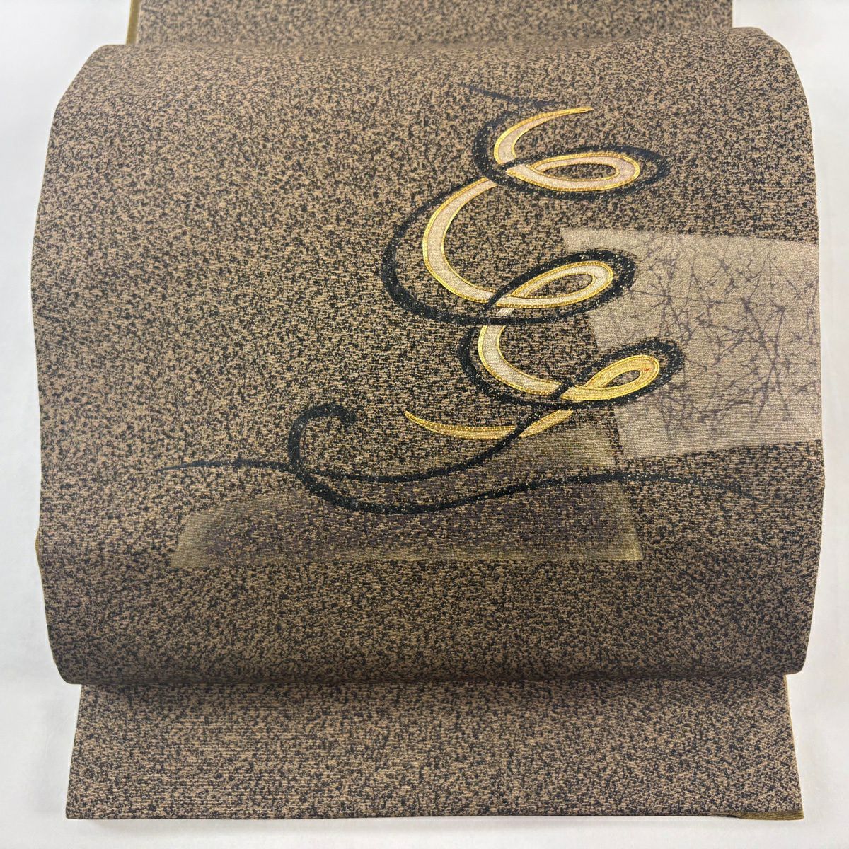 袋帶 名品級 幾何圖案 金絲 金銀彩 茶 純蠶絲