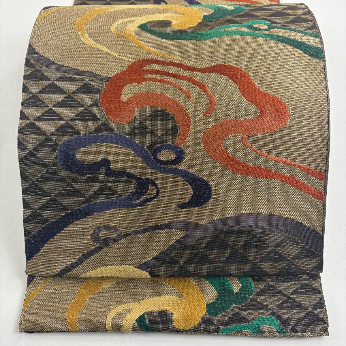 【美品】 袋帶 名品級 本袋 波頭 鱗紋 金絲 刺繡 金茶 六通 純蠶絲