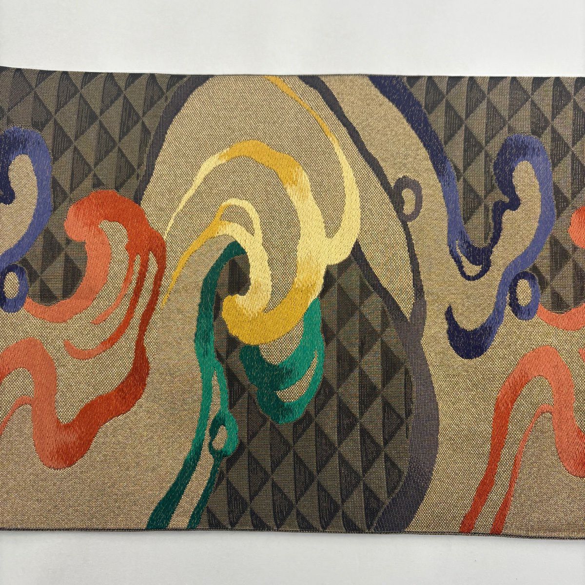 【美品】 袋帶 名品級 本袋 波頭 鱗紋 金絲 刺繡 金茶 六通 純蠶絲