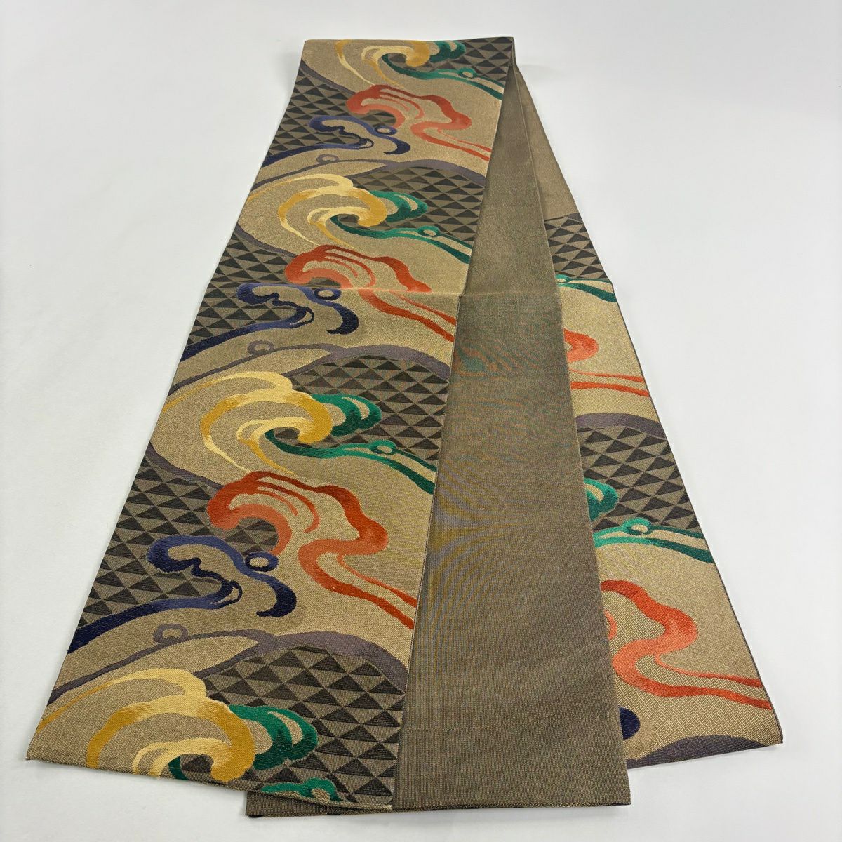 【美品】 袋帶 名品級 本袋 波頭 鱗紋 金絲 刺繡 金茶 六通 純蠶絲