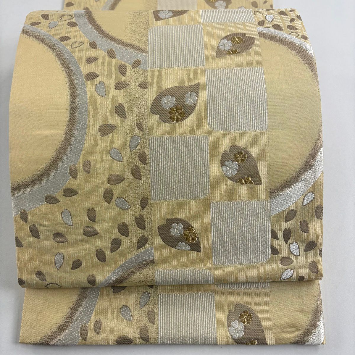袋帶 名品級 花瓣 櫻花 刺繡 金線 淺土色 六通 純蠶絲