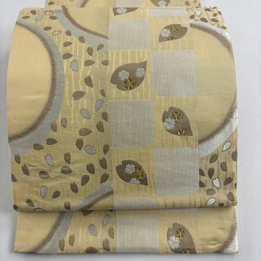 袋帶 名品級 花瓣 櫻花 刺繡 金線 淺土色 六通 純蠶絲