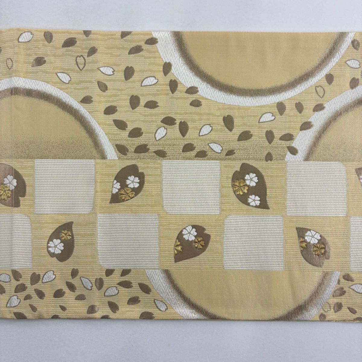 袋帶 名品級 花瓣 櫻花 刺繡 金線 淺土色 六通 純蠶絲