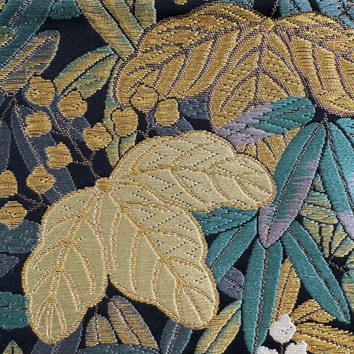 袋帶 名品級 端繡桐壽紋 端繡桐壽紋 刺繡 金絲 黑 六通 純蠶絲