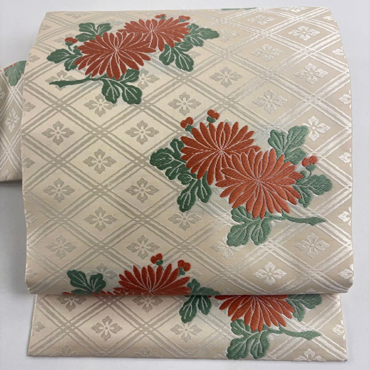 名古屋帶 名品級 菊花 菱 刺繡 奶油色 純蠶絲
