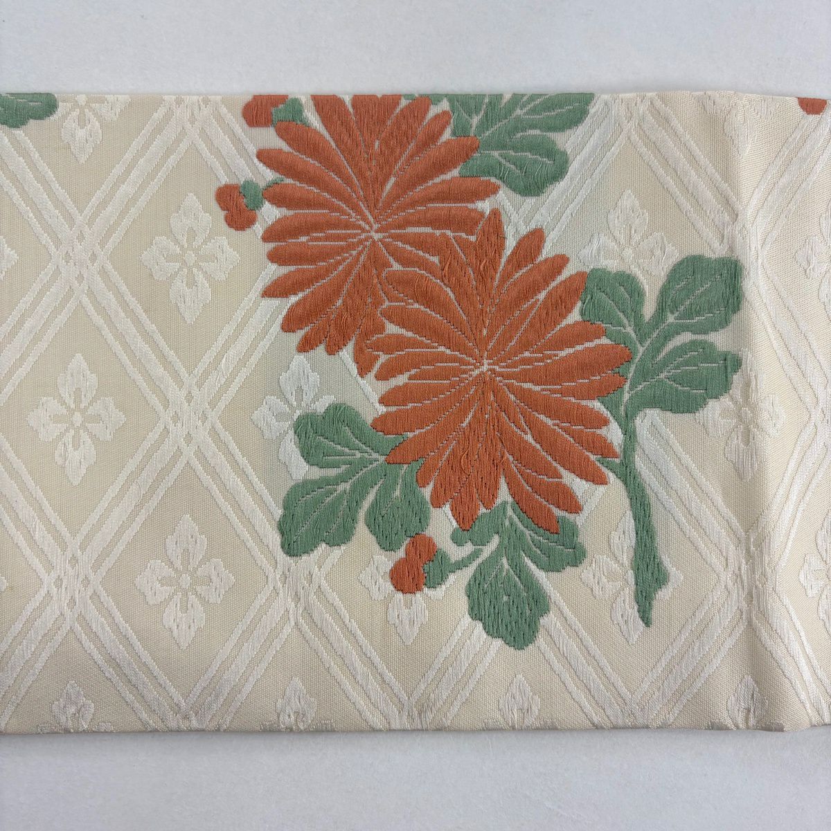 名古屋帶 名品級 菊花 菱 刺繡 奶油色 純蠶絲