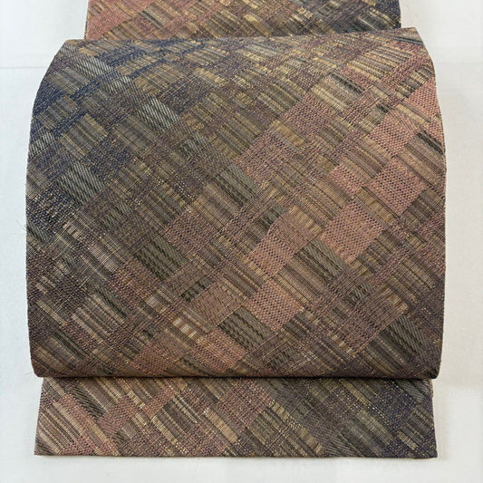 袋帶 名品級 斜格子 金絲 金金箔 淺小豆 全通 純蠶絲