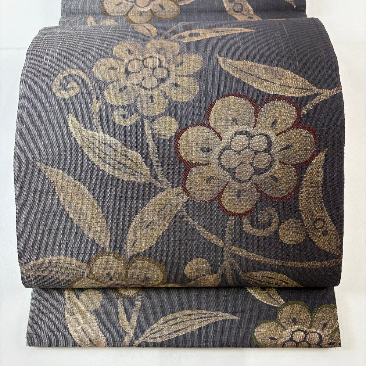 【美品】 袋帶 名品級 紬織織 花唐草紋 金絲 金金箔 灰紫 六通 純蠶絲